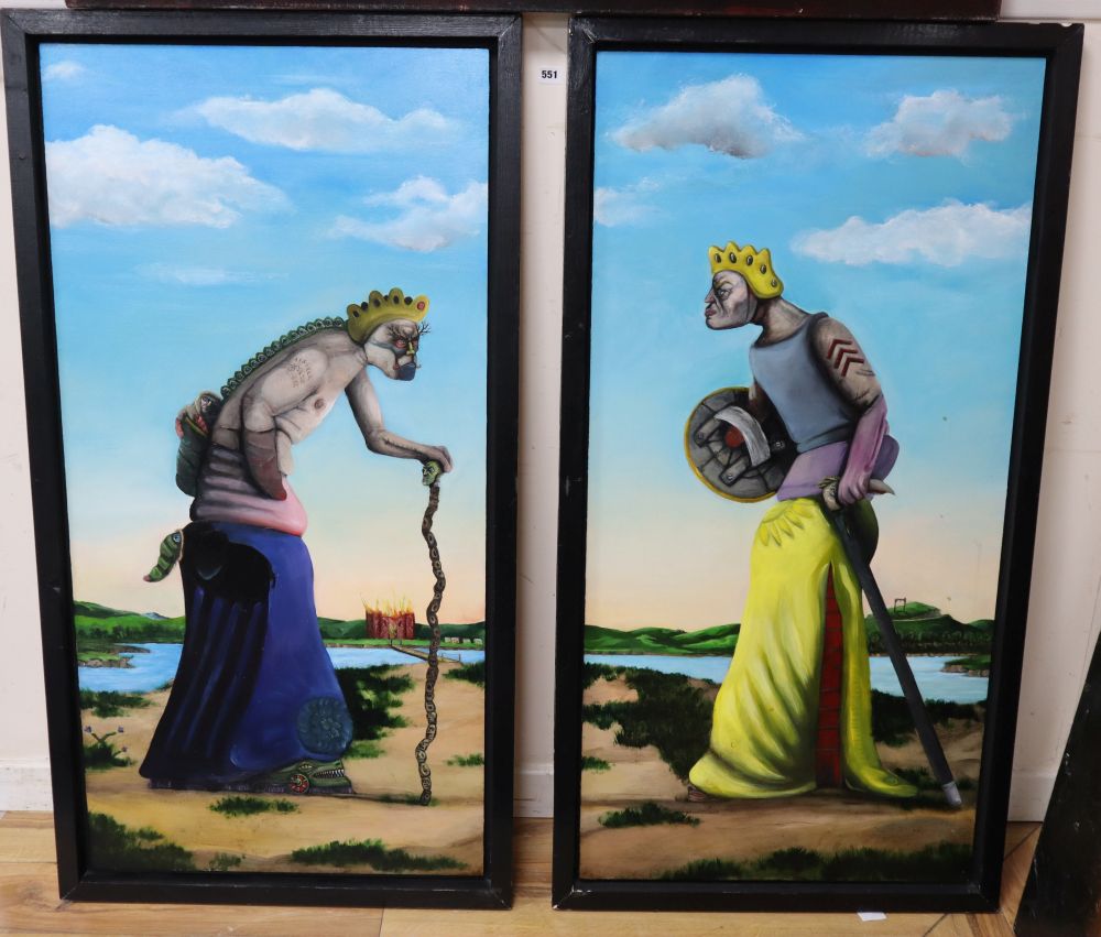 Peter Kennelly (1965-), pair of oils on board, Two men meet each believing the other to be of a higher rank, inscribed verso and date